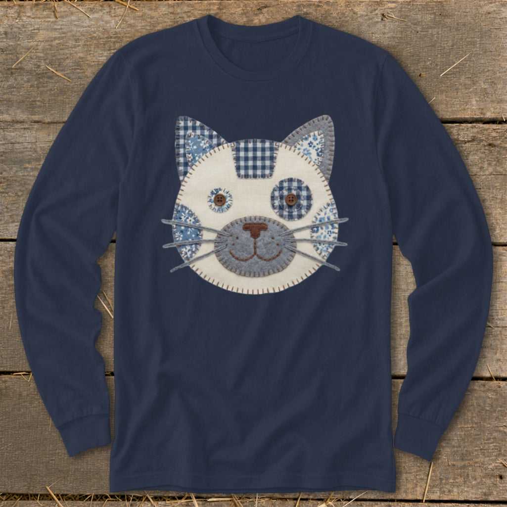 Navy long sleeve shirt with a blue and white patchwork cat face graphic.