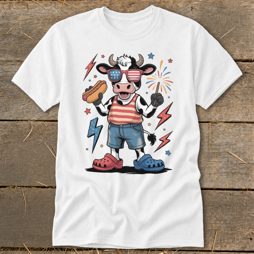 Cartoon cow wearing American flag sunglasses, holding hot dog and sparkler on white t-shirt.