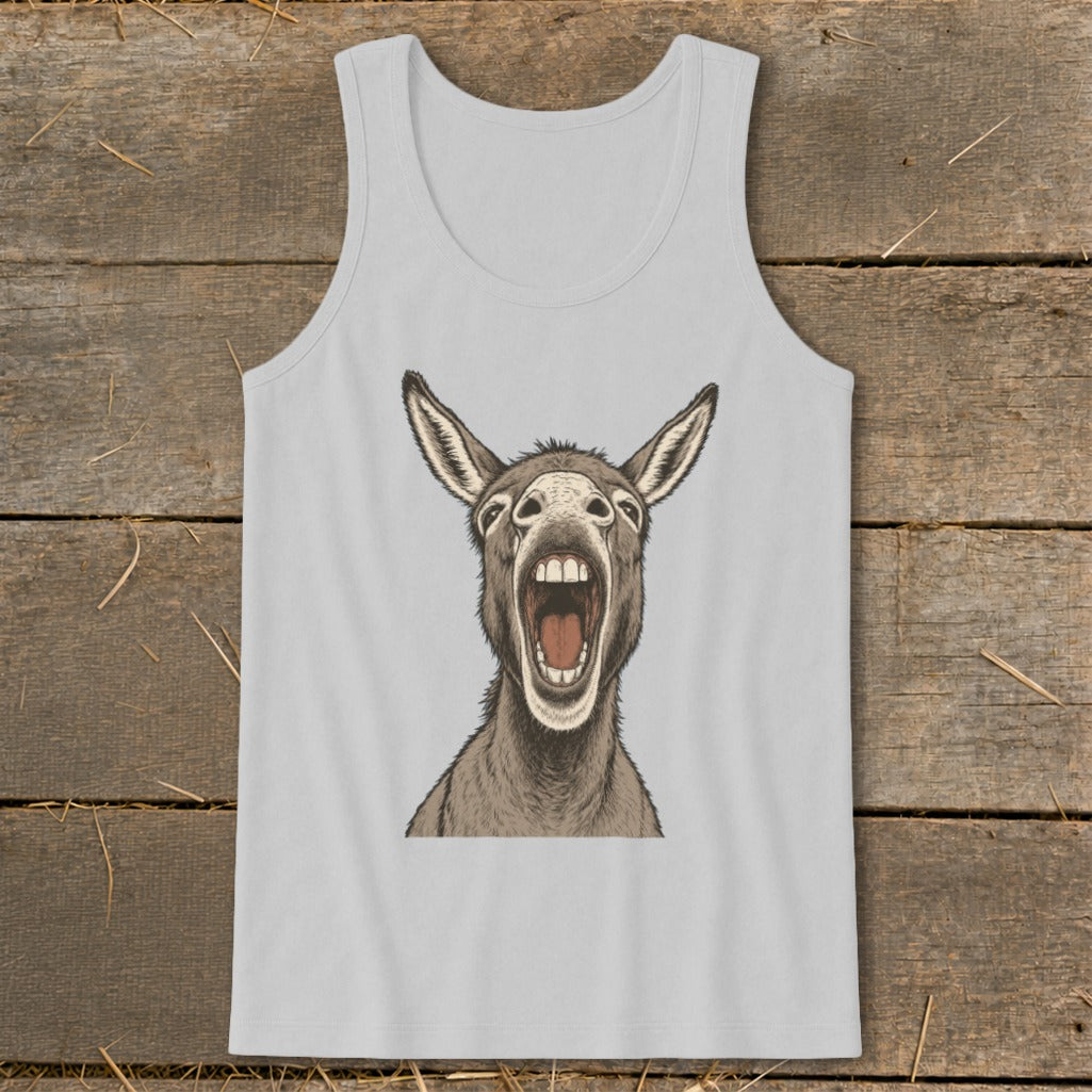 Light gray tank top with a cartoon illustration of a donkey braying.