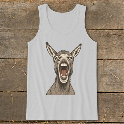 Light gray tank top with a cartoon illustration of a donkey braying.