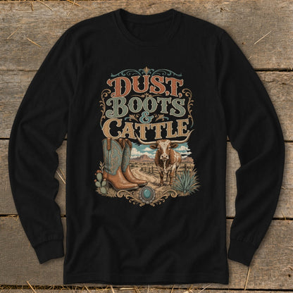 Long sleeve shirt with "Dust Boots & Cattle" graphic and western scene.