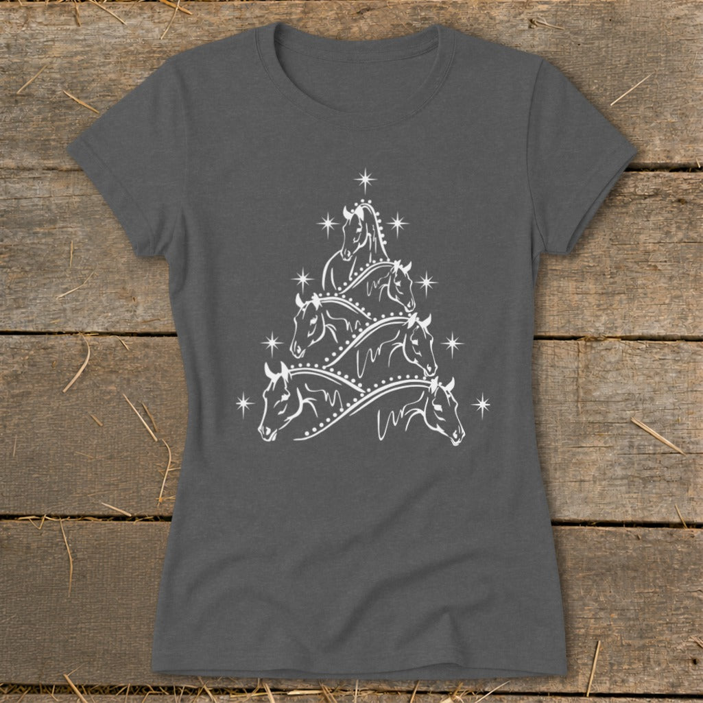 Dark grey t-shirt with white line art of horses forming a Christmas tree shape.
