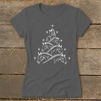 Dark grey t-shirt with white line art of horses forming a Christmas tree shape.