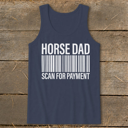 Navy tank top with white text "HORSE DAD SCAN FOR PAYMENT" over a barcode.