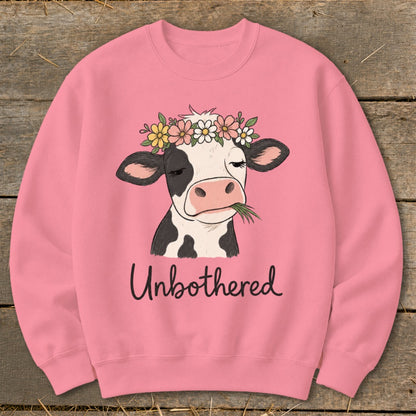 Pink crewneck sweatshirt with a cartoon cow wearing a flower crown and eating grass, text "Unbothered".