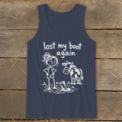 A dark blue tank top featuring a white stick-figure graphic of a girl and cow with the text lost my boot again.
