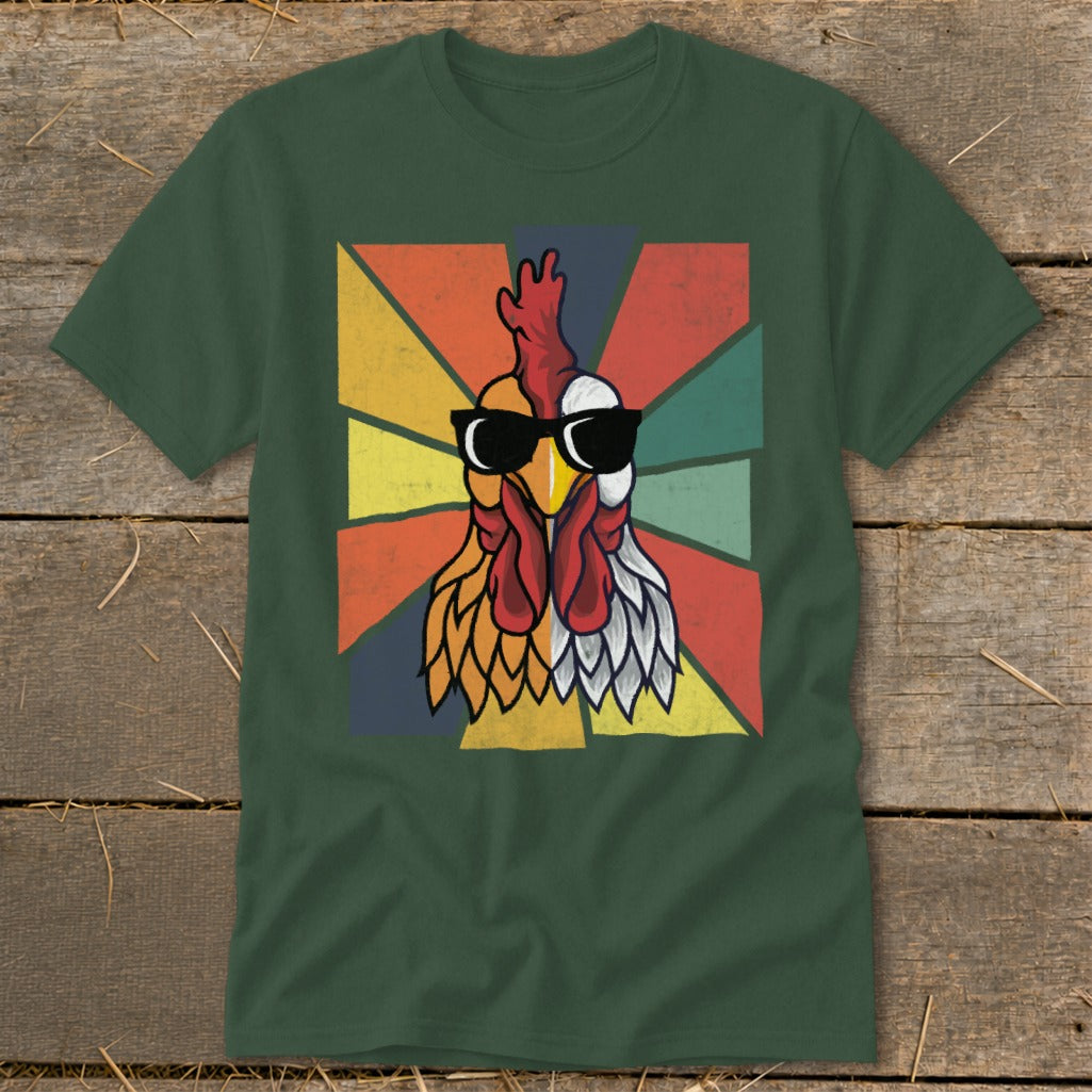 Green t-shirt with a retro graphic of a rooster wearing sunglasses.