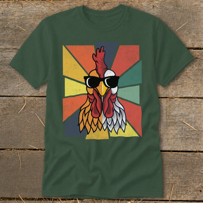 Green t-shirt with a retro graphic of a rooster wearing sunglasses.