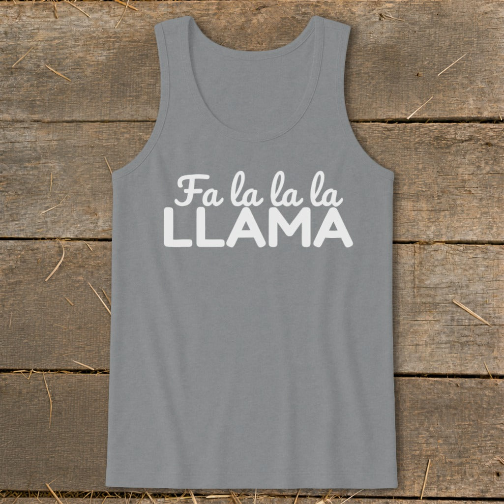 Grey tank top with white text "Fa la la la LLAMA"