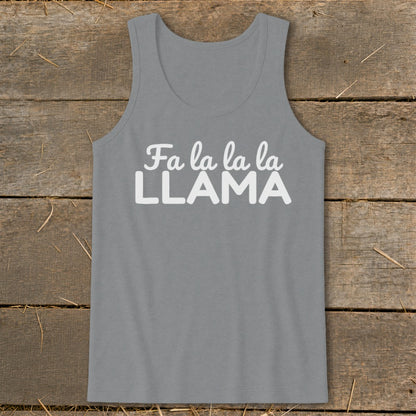 Grey tank top with white text "Fa la la la LLAMA"