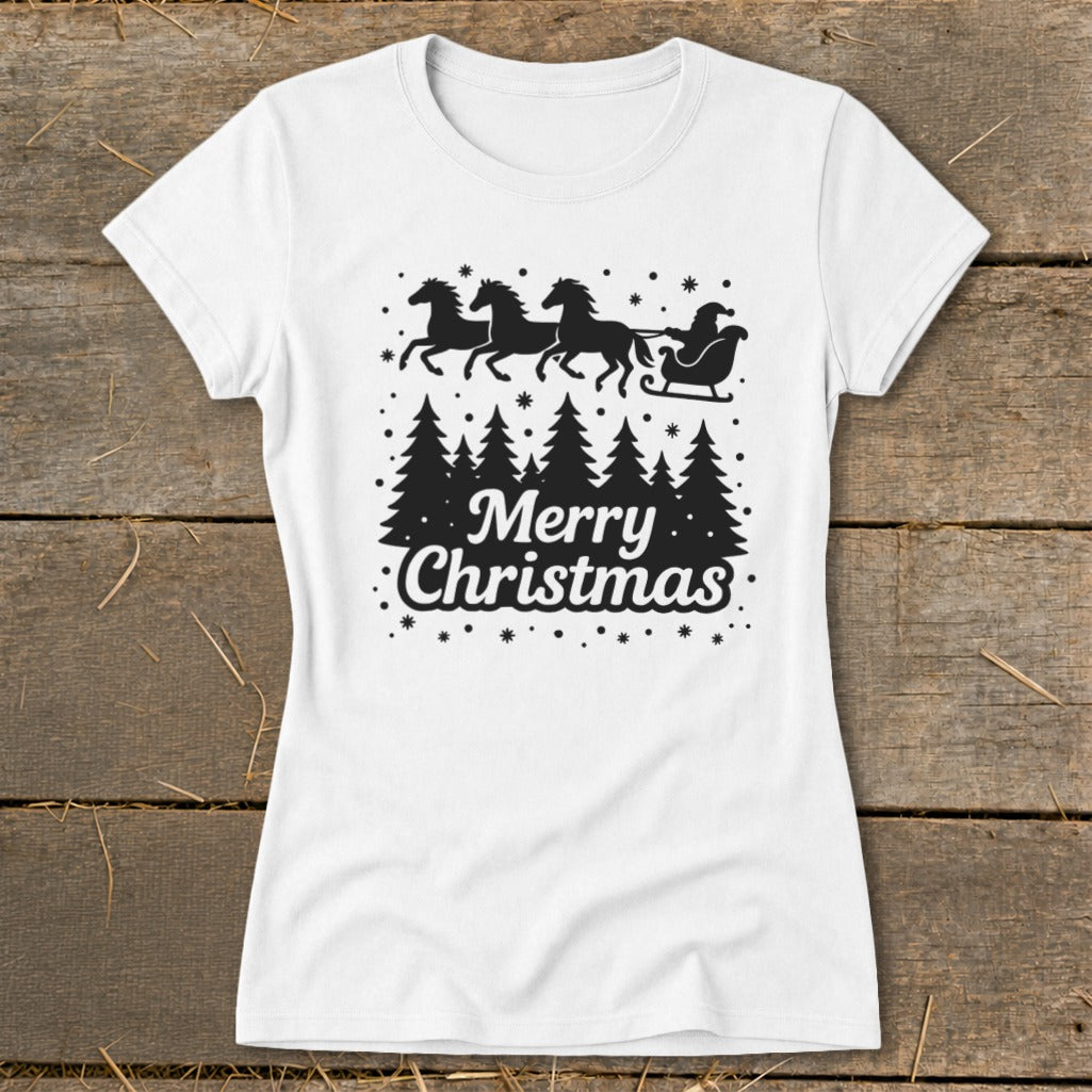 White t-shirt with black Merry Christmas design featuring Santa's sleigh pulled by four horses.