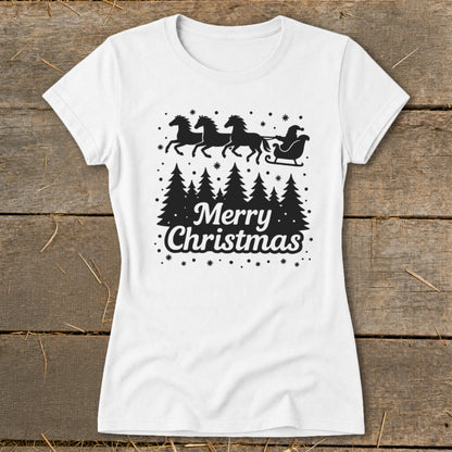 White t-shirt with black Merry Christmas design featuring Santa's sleigh pulled by four horses.