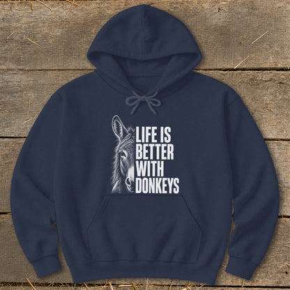 Navy hoodie with a donkey illustration and the text "LIFE IS BETTER WITH DONKEYS".