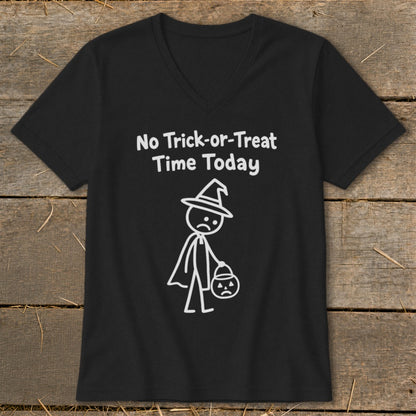 Black t-shirt with white text and a sad stick figure trick-or-treater.