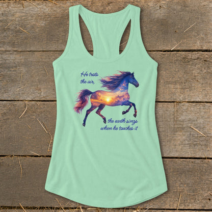 Mint green racerback tank top featuring a horse graphic with sunset sky fill and quote text.