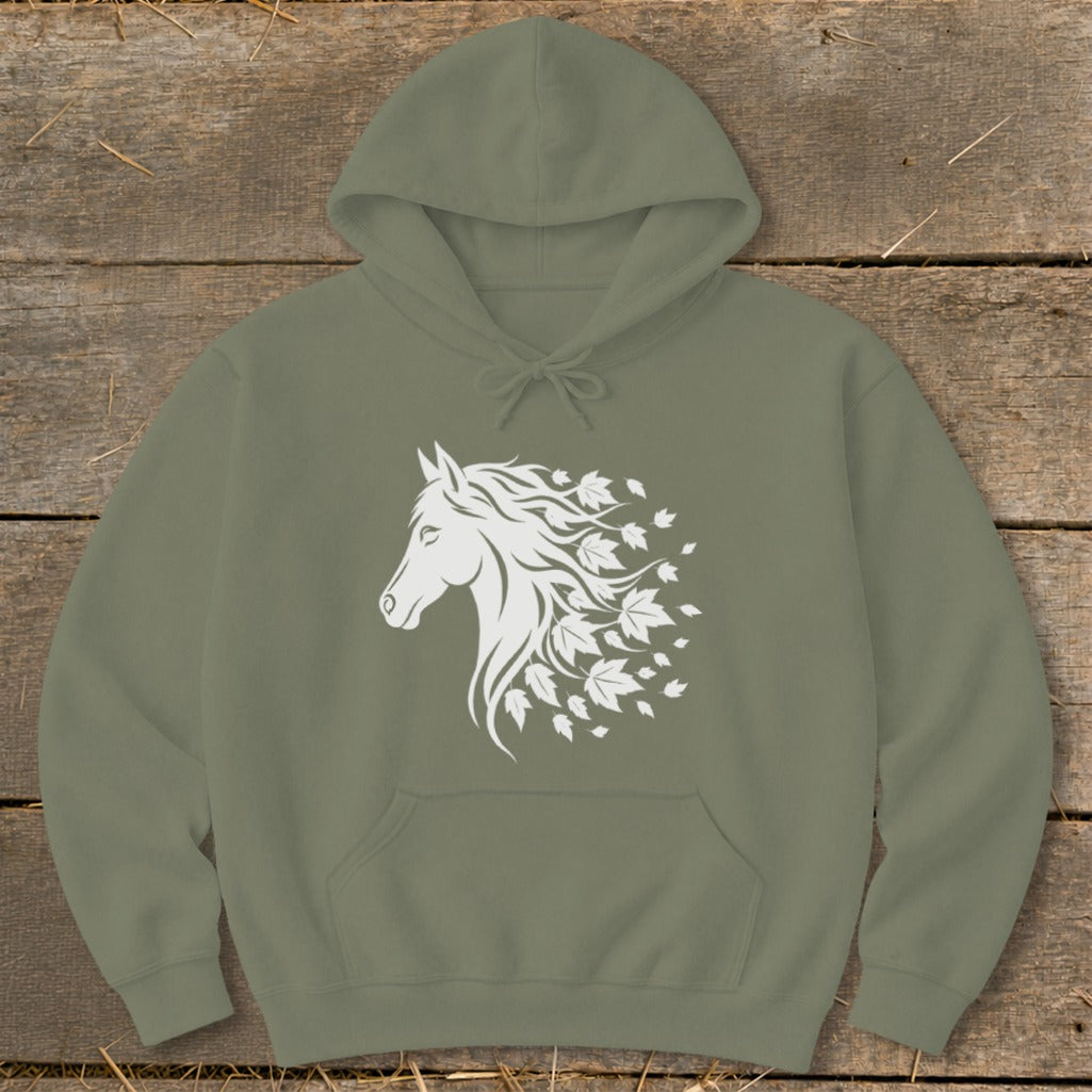 Green hoodie with white silhouette of a horse with flowing mane made of leaves.