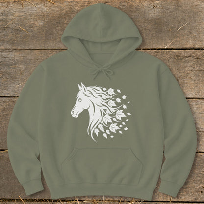 Green hoodie with white silhouette of a horse with flowing mane made of leaves.