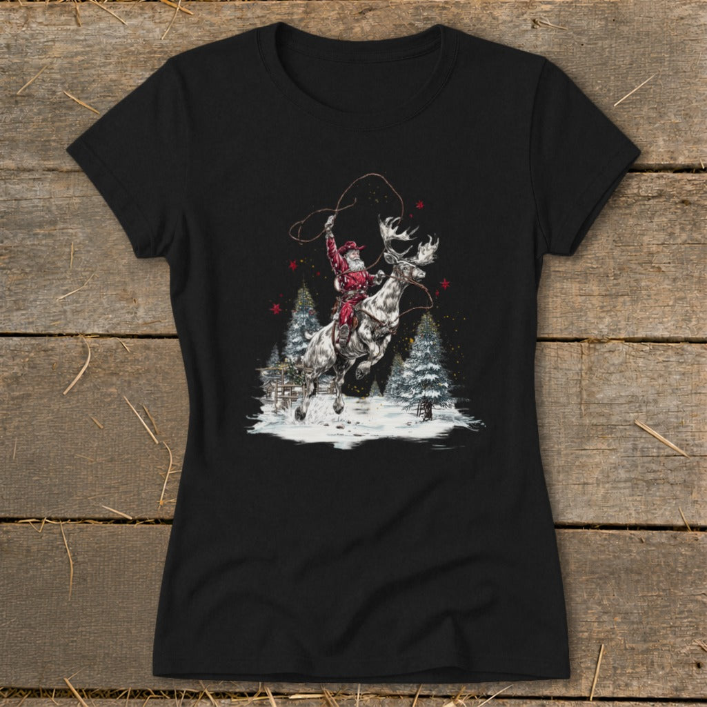 Santa riding a reindeer with a lasso in a snowy forest scene.