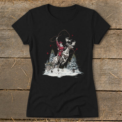 Santa riding a reindeer with a lasso in a snowy forest scene.