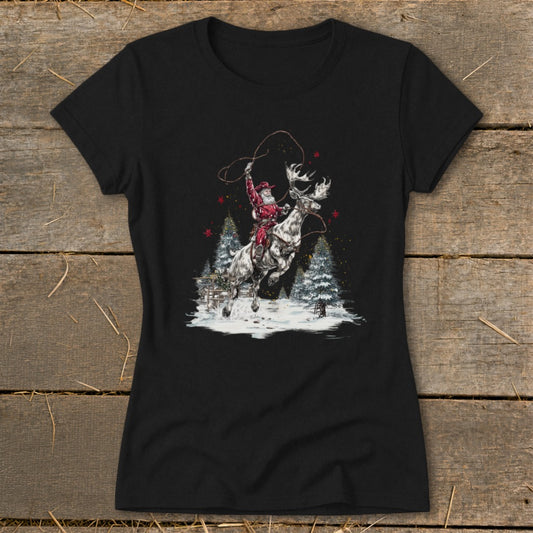 Santa riding a reindeer with a lasso in a snowy forest scene.