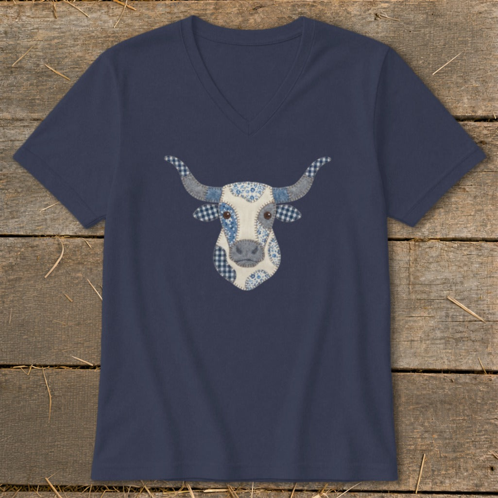 Navy v-neck t-shirt with a blue patchwork bull face graphic.