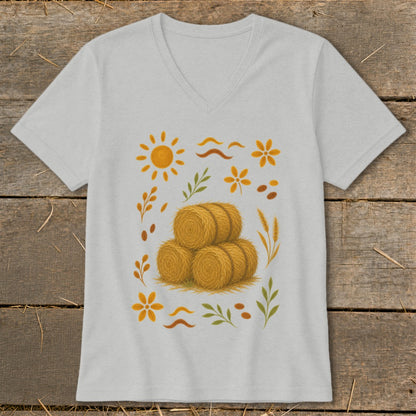 Light grey t-shirt with stacked hay bales and autumnal floral graphic.