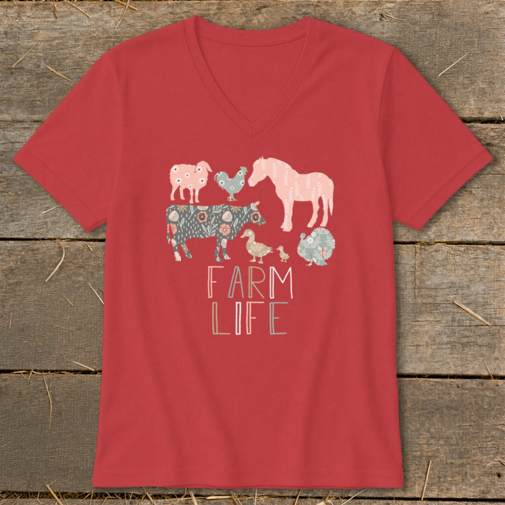 Red v-neck t-shirt with "FARM LIFE" text and cartoon farm animals.