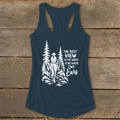 Dark blue women's tank top featuring a white equestrian graphic and text on a rustic wooden background.