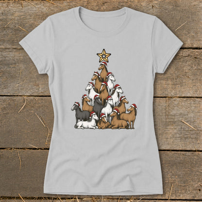 Horses in Santa hats form a Christmas tree shape topped with a star.