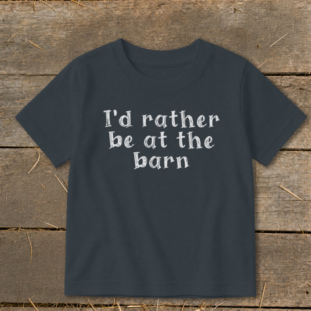 Dark gray t-shirt with "I'd rather be at the barn" printed in white text.