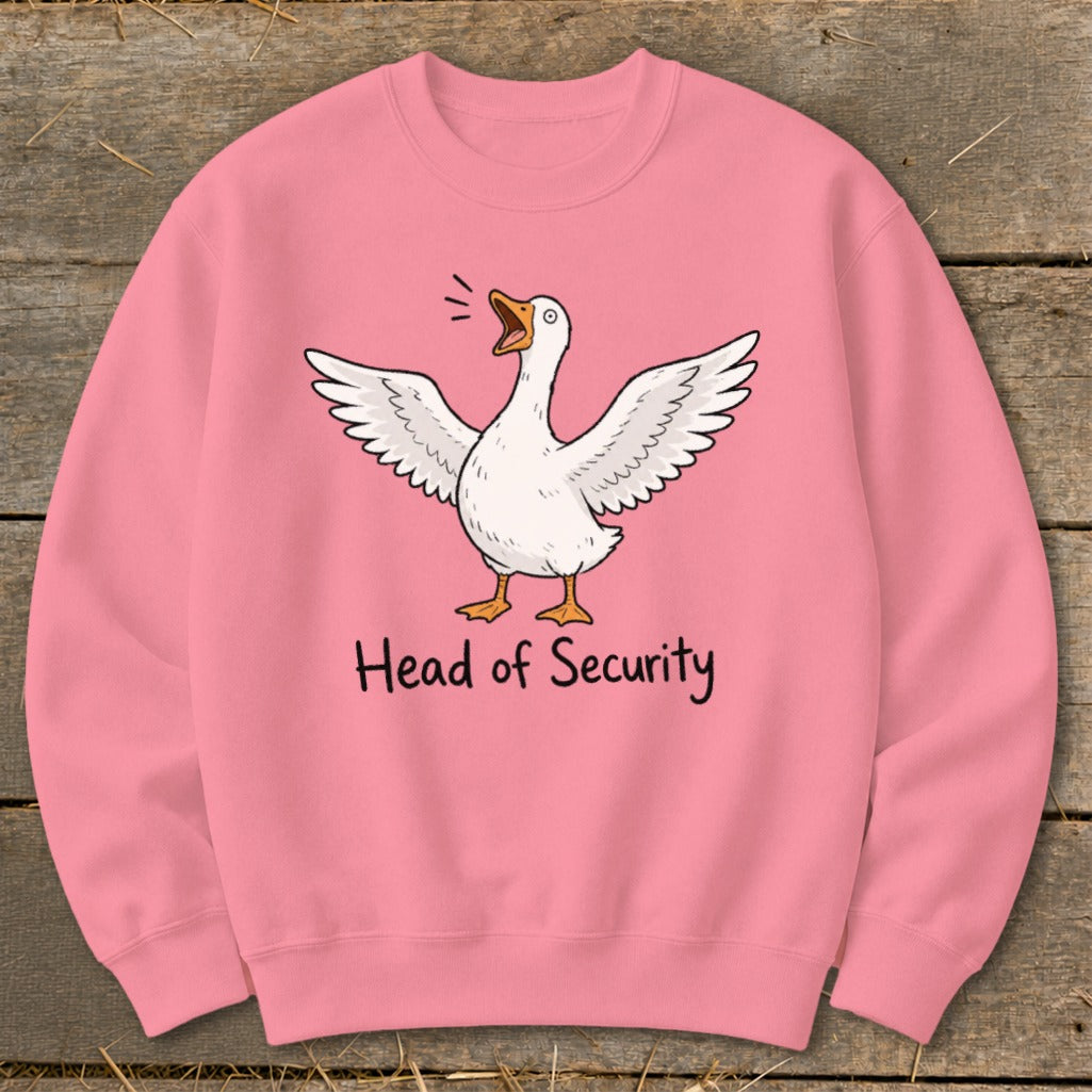 Pink sweatshirt with cartoon goose and "Head of Security" text.