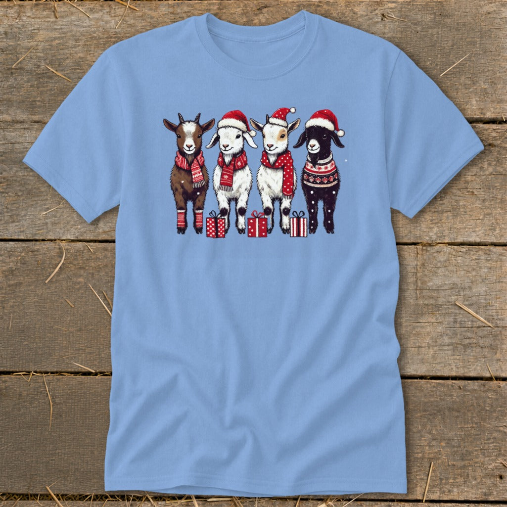 Four goats in festive holiday attire stand with presents.