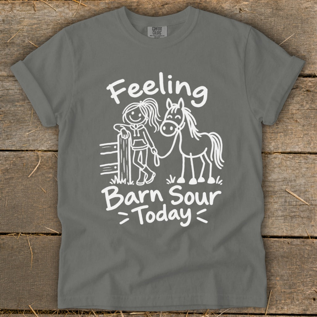 Gray t-shirt with white line art of a girl and horse and text "Feeling Barn Sour Today".