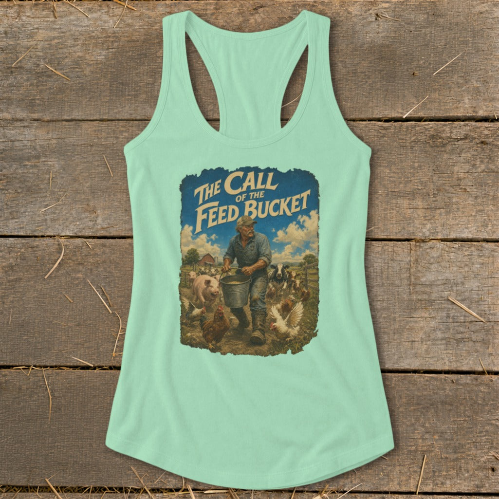 Graphic of a farmer feeding pigs and chickens with text "The Call of the Feed Bucket".
