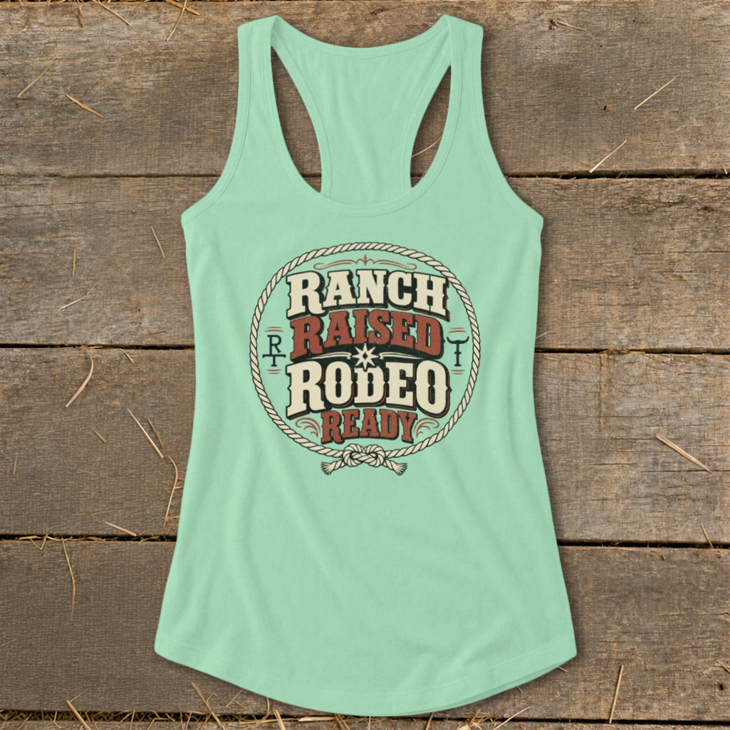 Mint green tank top with "Ranch Raised Rodeo Ready" text inside a rope circle.