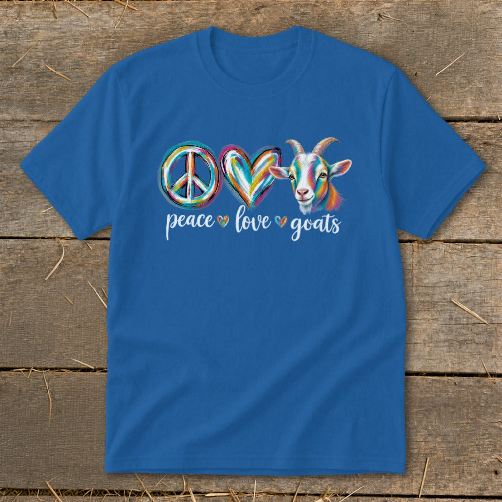 Blue t-shirt with peace, love, and goats graphic featuring a colorful goat.