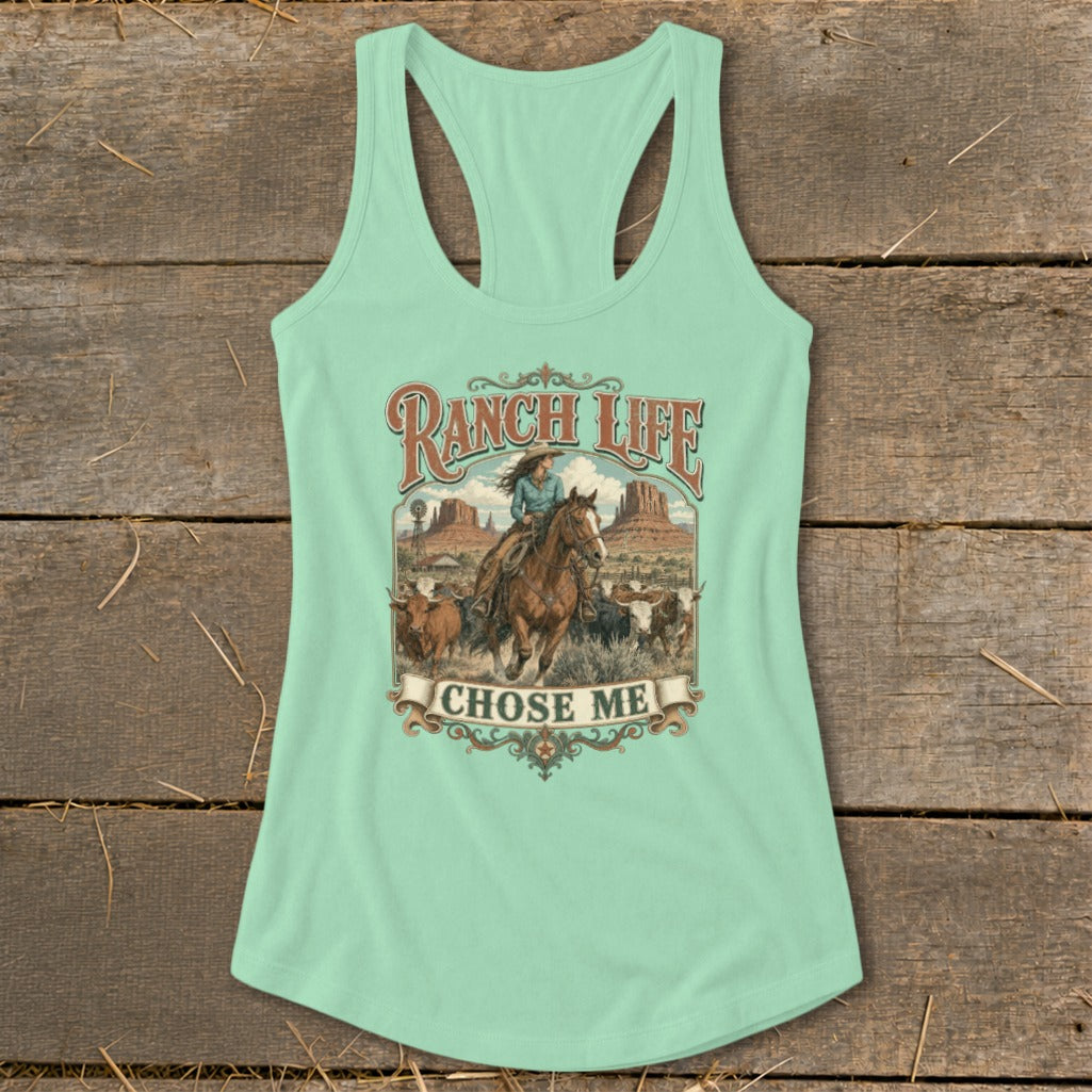 Mint green tank top with "Ranch Life Chose Me" graphic featuring a cowgirl riding a horse and cattle.