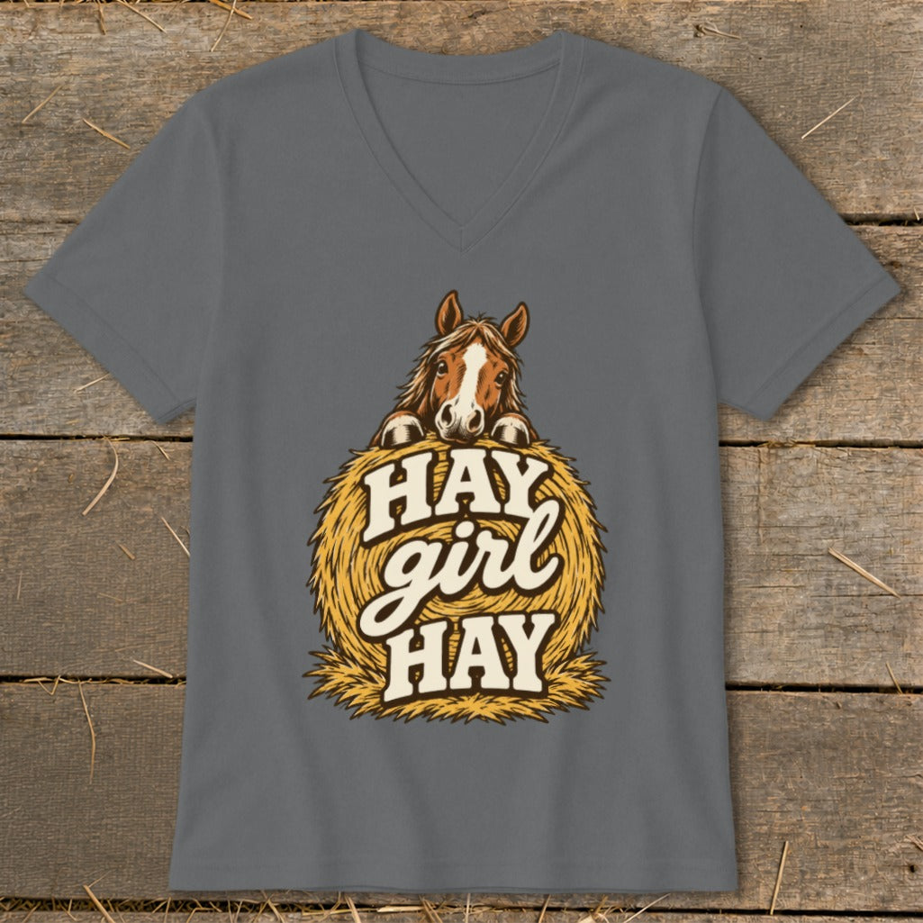 Horse peeking over hay bale with "Hay girl hay" text graphic on t-shirt.