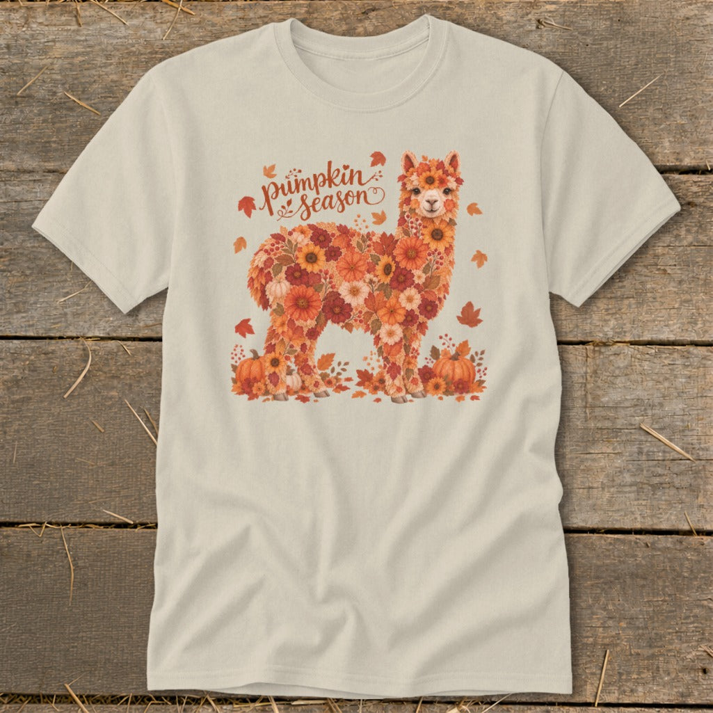 Alpaca made of flowers and leaves with "pumpkin season" text.