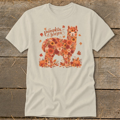 Alpaca made of flowers and leaves with "pumpkin season" text.