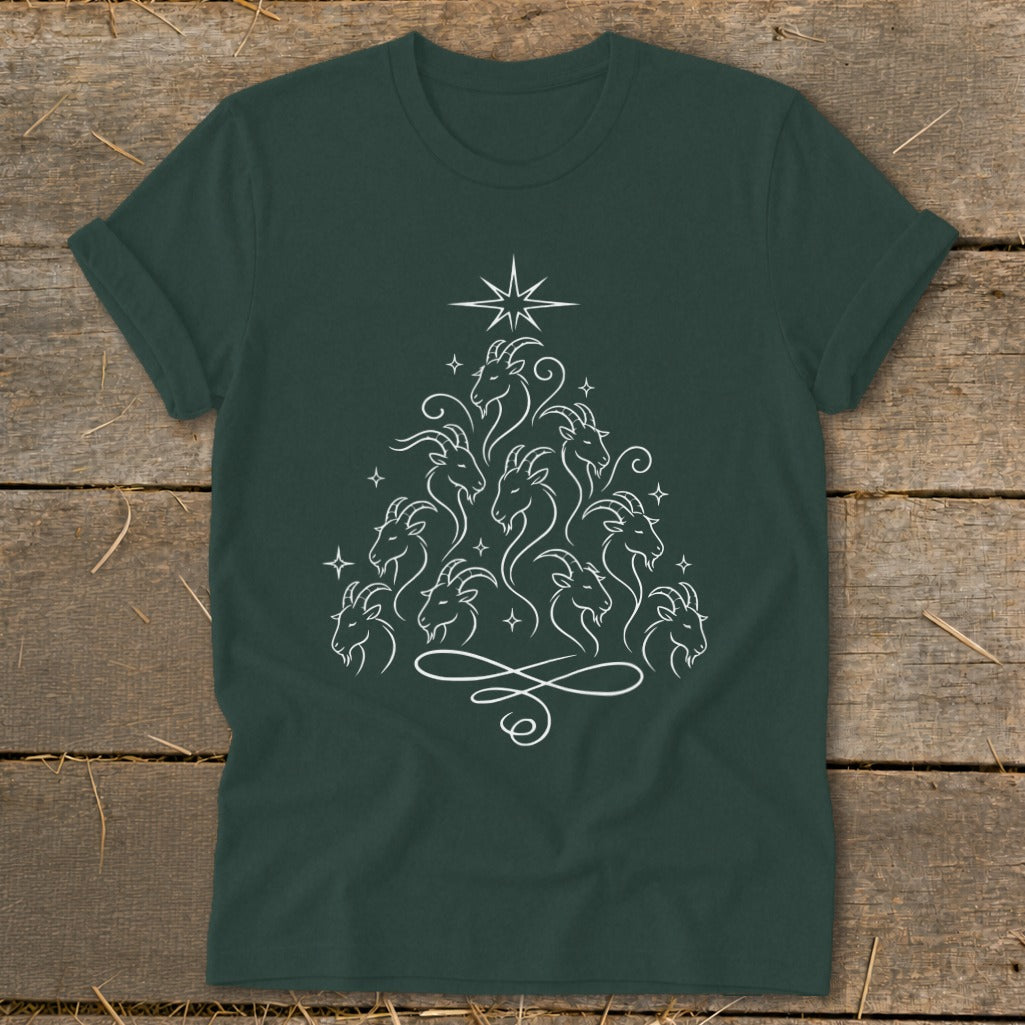 Dark green t-shirt with a white line drawing of goats in a Christmas tree shape.