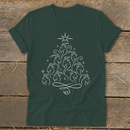 Dark green t-shirt with a white line drawing of goats in a Christmas tree shape.