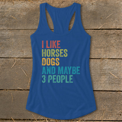 Blue tank top with text "I LIKE HORSES DOGS AND MAYBE 3 PEOPLE".