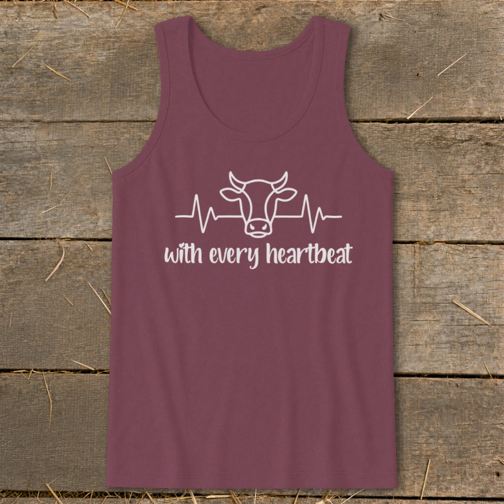 Maroon tank top with white cow and heartbeat graphic and text.