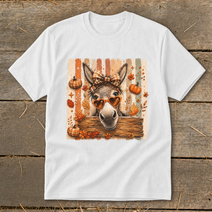 Donkey with heart sunglasses and fall leaves graphic on white t-shirt.