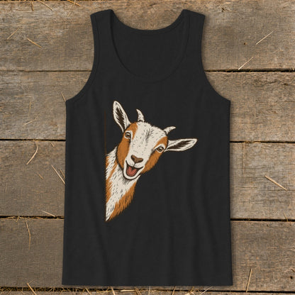 Black tank top with a drawing of a peeking, happy goat.