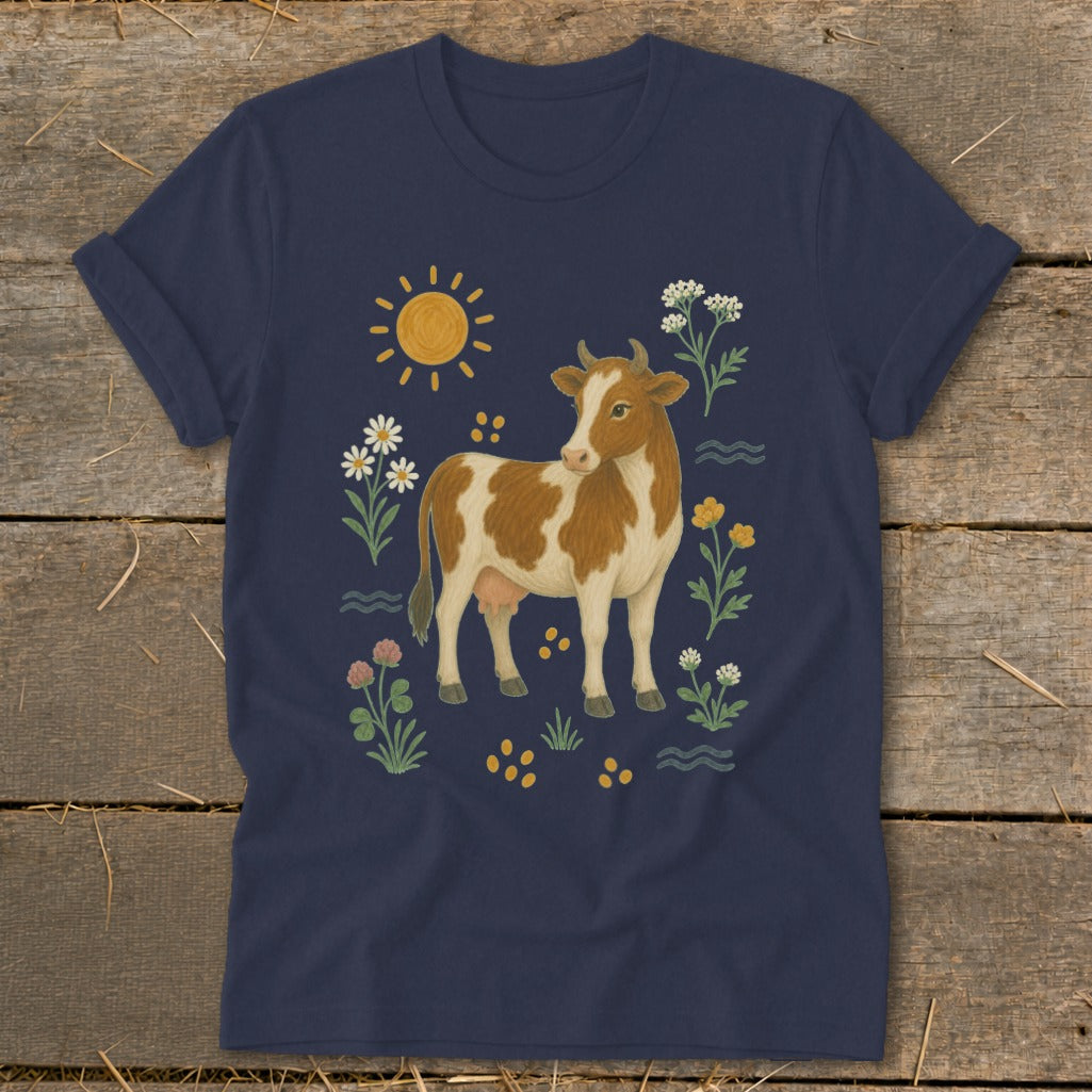 Brown and white cow surrounded by flowers, sun, and wavy lines on a navy blue t-shirt.
