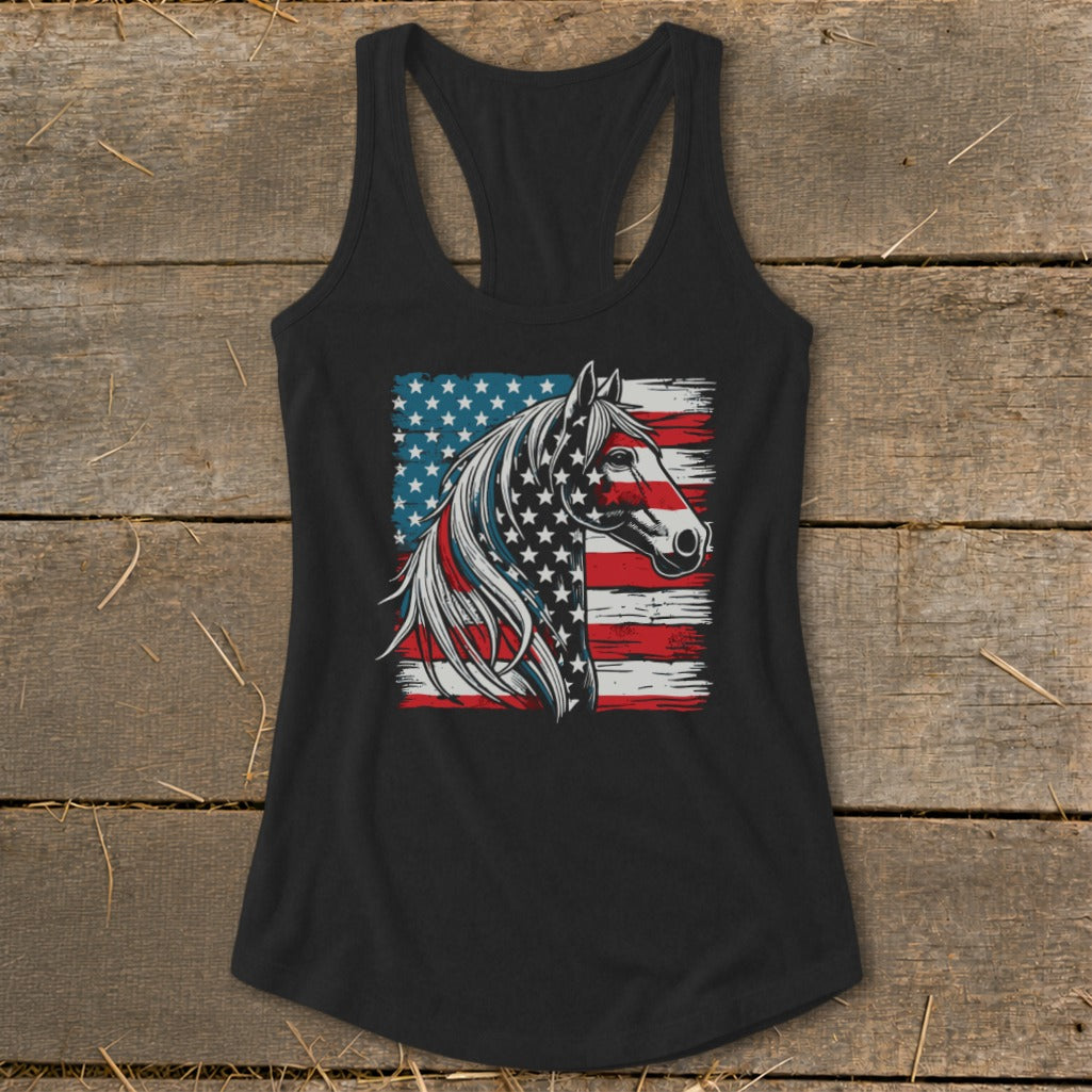 Black tank top featuring a horse head with American flag design.