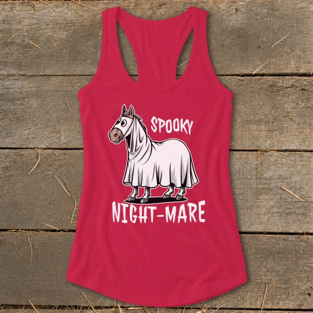 Horse in ghost costume with text "SPOOKY NIGHT-MARE".