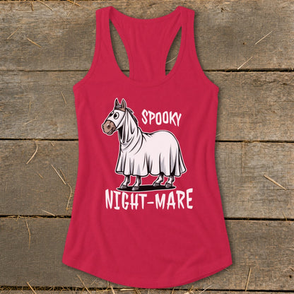Horse in ghost costume with text "SPOOKY NIGHT-MARE".